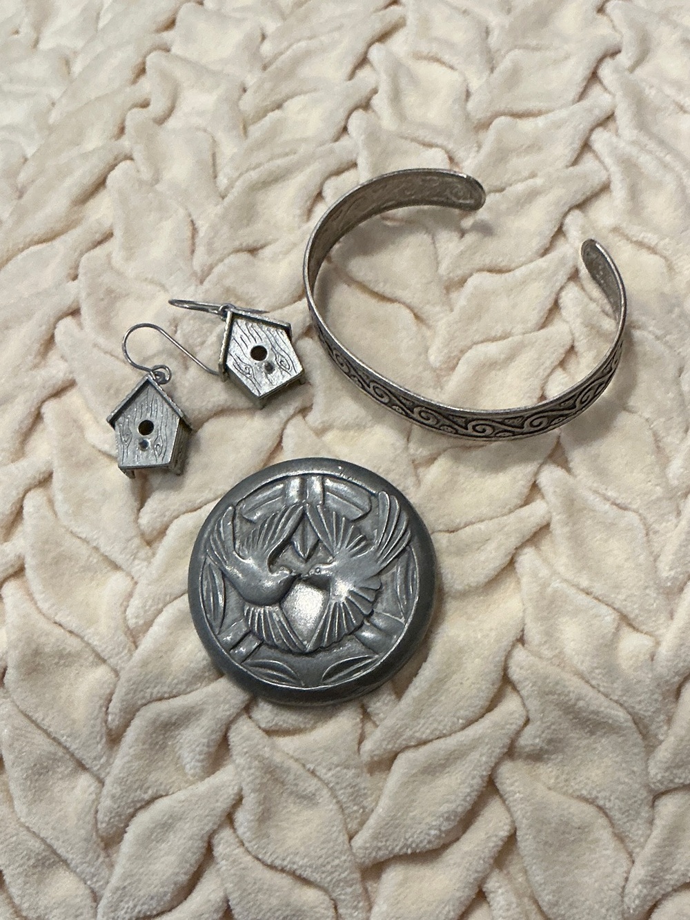 Silver Bird Motif Compact, Cuff Bracelet & Birdhouse Earrings Set